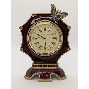 Jay Strongwater Octagonal Dumont Bee Desk Clock in Red Enamel-Swarovski Crystals